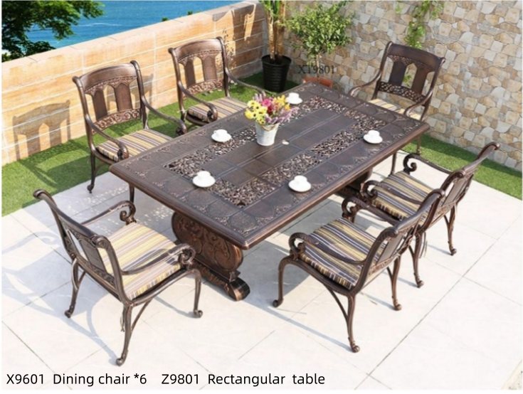 Creative cast aluminum long table, round table, chair combination, outdoor waterproof and sunscreen furniture for outdoor villas