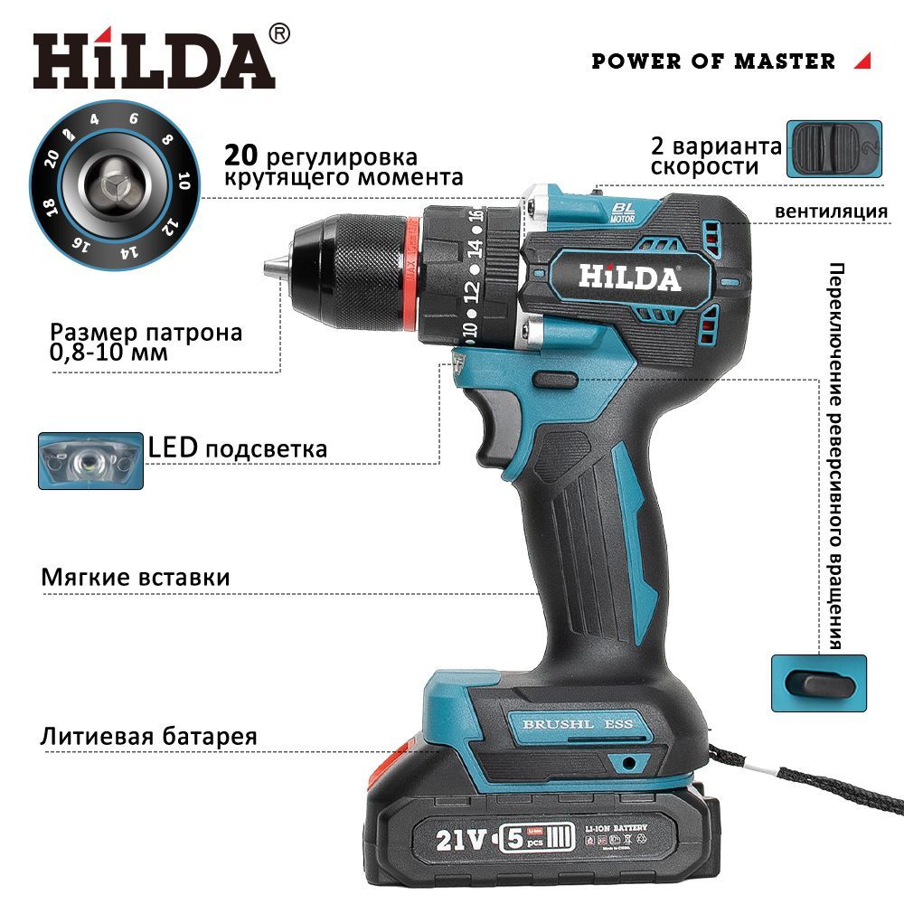 Дрель-шуруповерт,дрель шуруповерт Aккумуляторная,Бесщеточный (Батарея в комплект не входит)