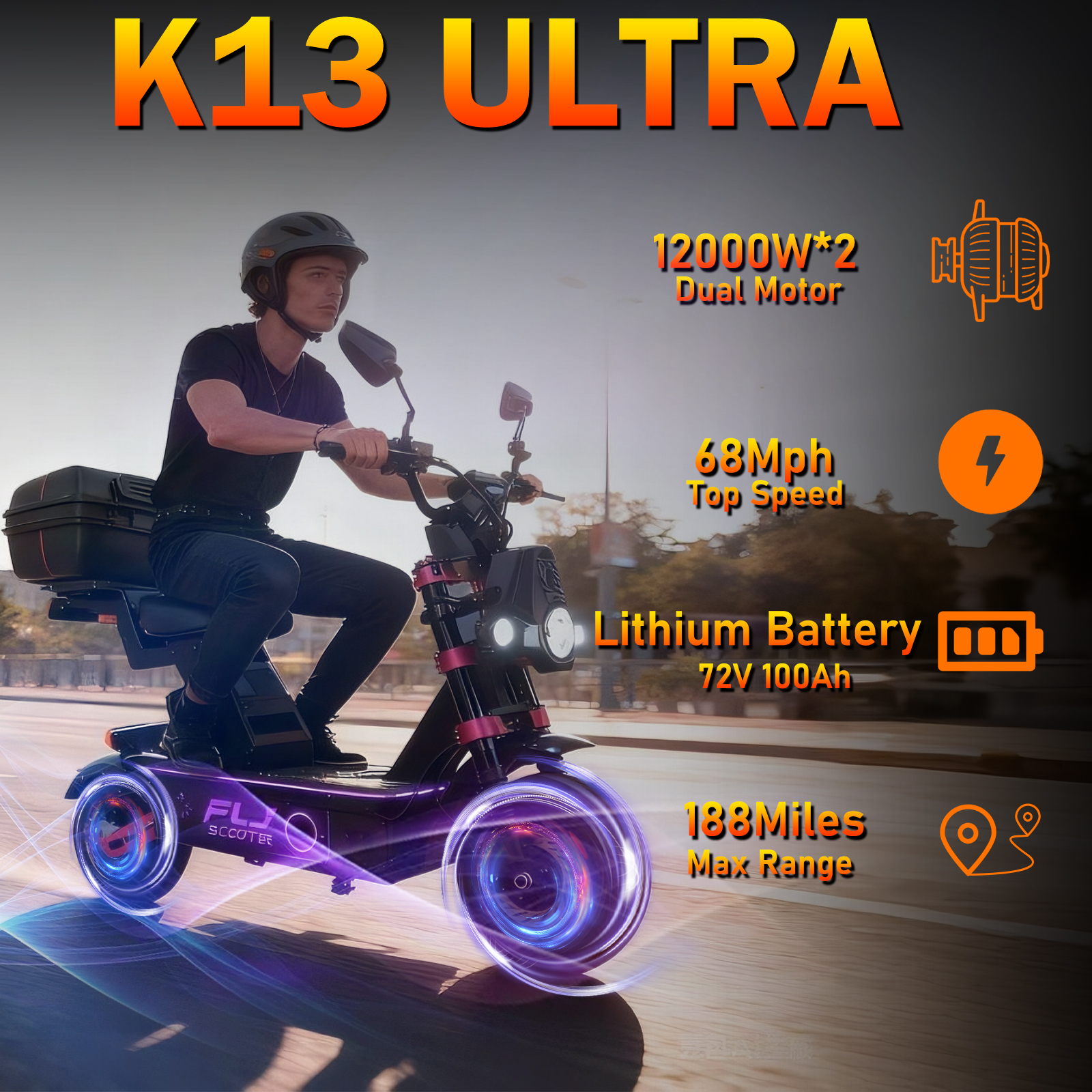 Newest US Stock K13 Ultra 13 Inch Tire 72V 12000W Electric Scooter with App and NFC Fast Speed 100km/h Scooter
