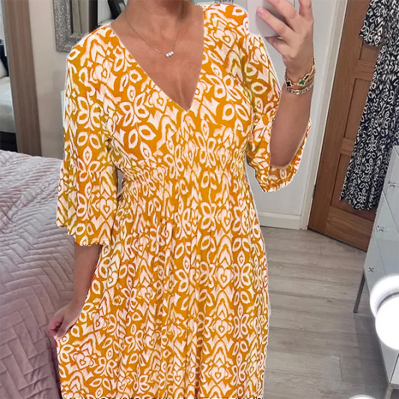 Casual Print V-neck Long Dress