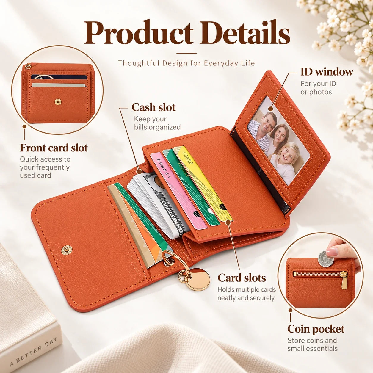 Compact PU leather wallet opened to show dedicated card slots, an ID window and a zippered coin pocket