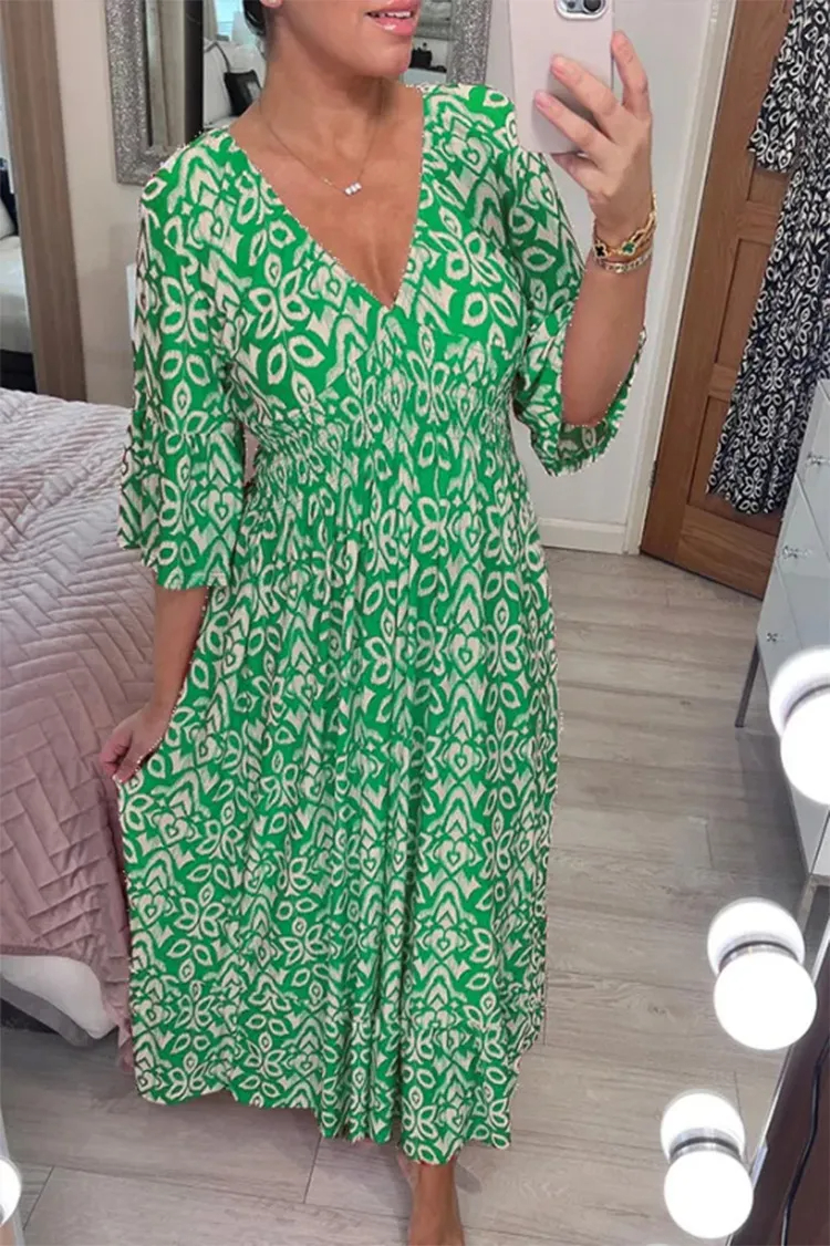 CASUAL PRINT V-NECK LONG DRESS