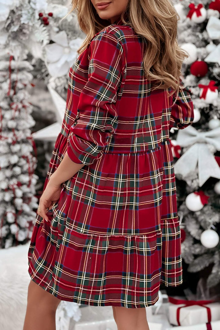 Women's 3/4 Long Sleeve Plaid Shirt Dress