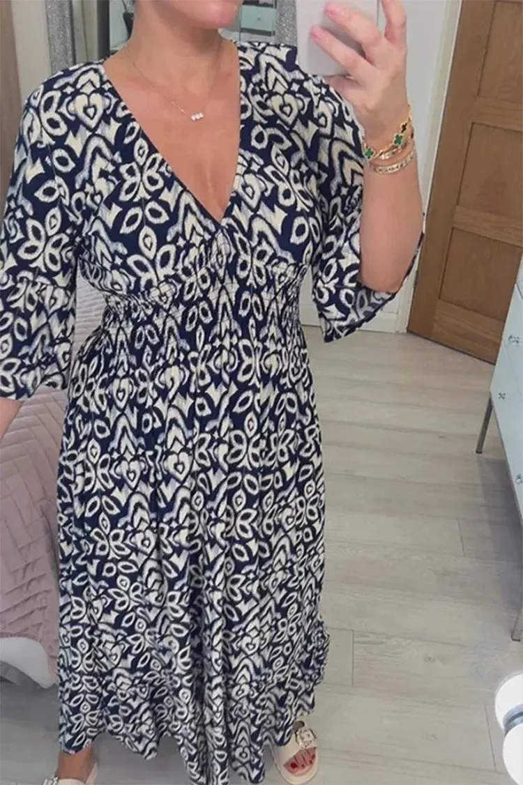 CASUAL PRINT V-NECK LONG DRESS