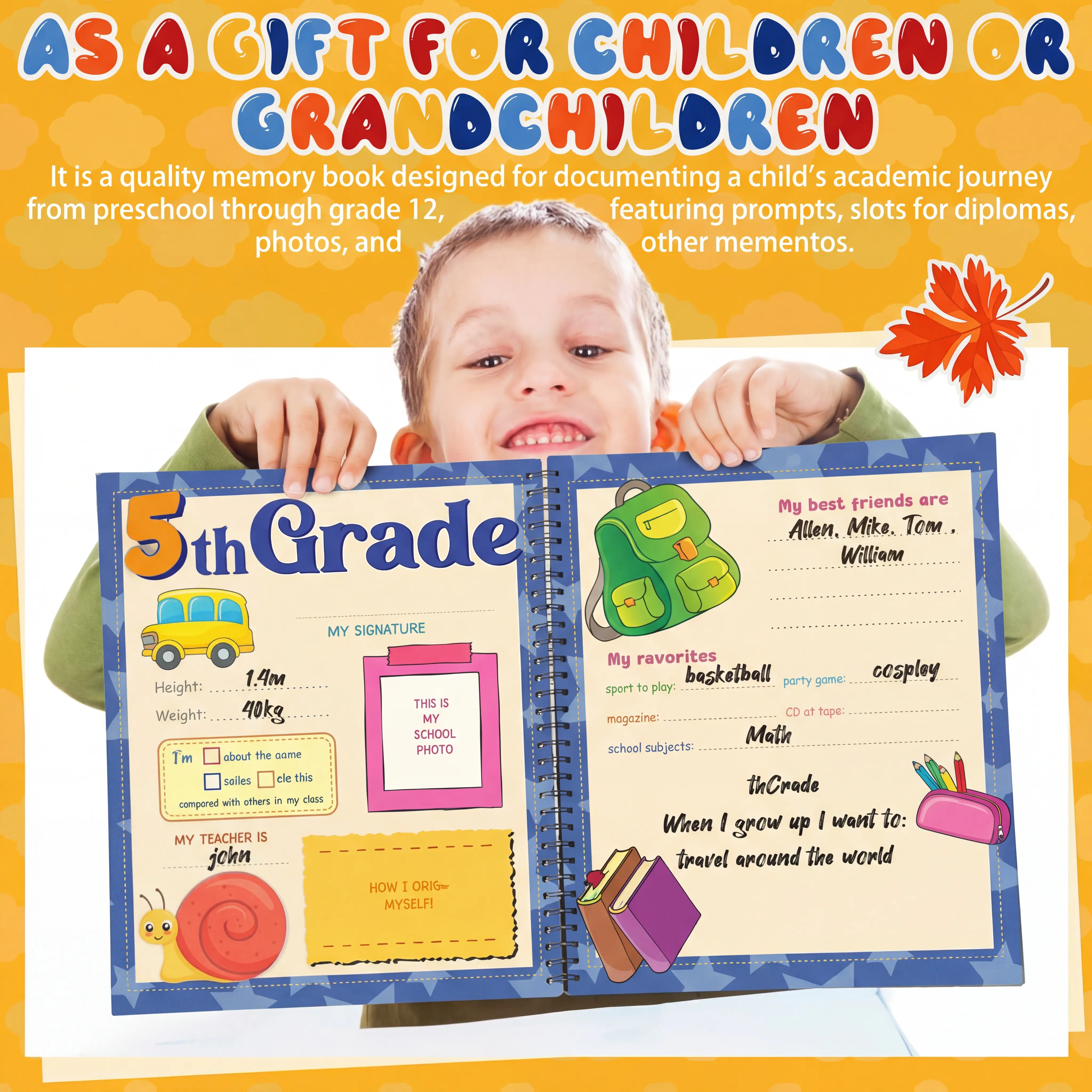🖍️📄The School Years Memory Book – Keepsake Scrapbook from Preschool to 12th Grade with 14 Storage Pockets