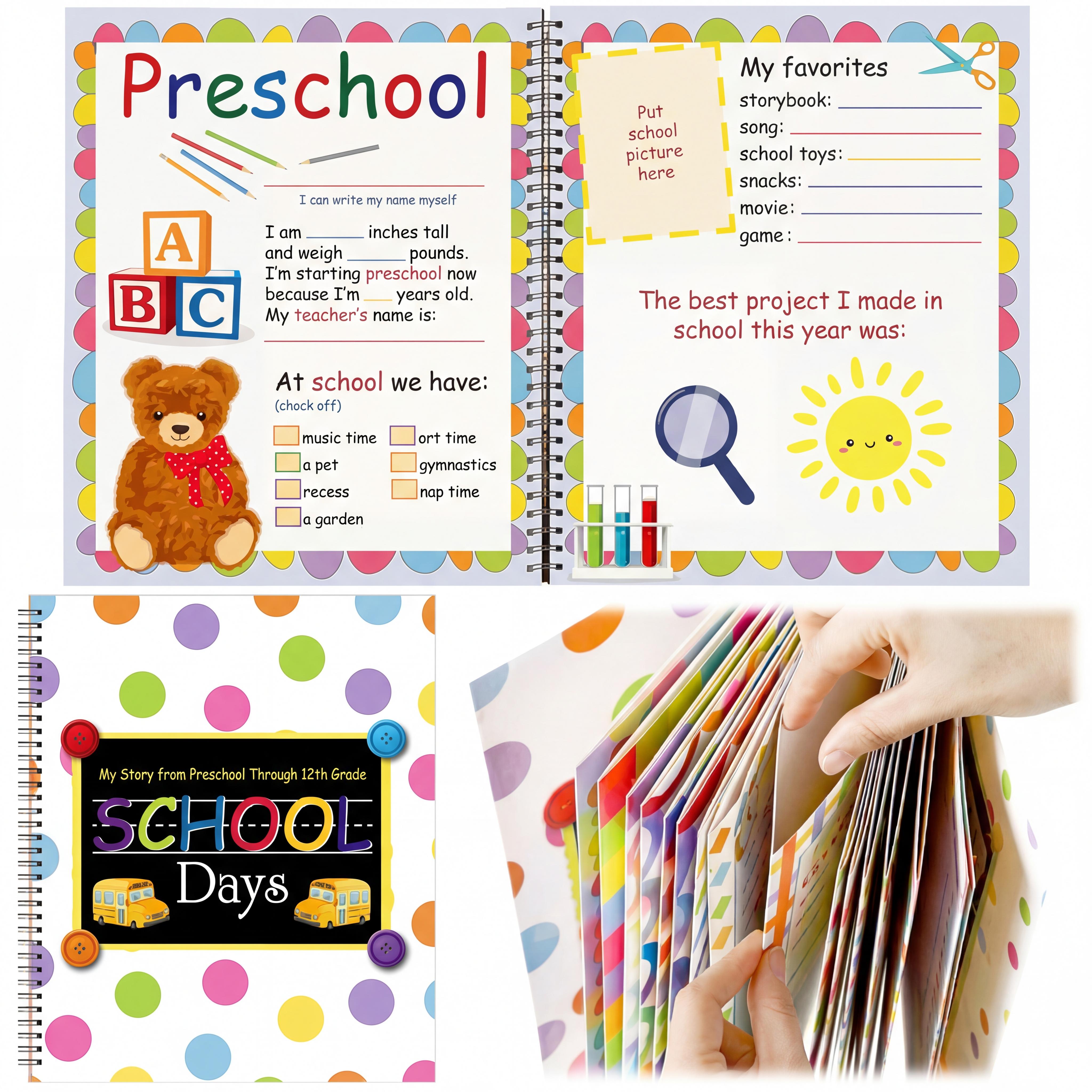 🖍️📄The School Years Memory Book – Keepsake Scrapbook from Preschool to 12th Grade with 14 Storage Pockets
