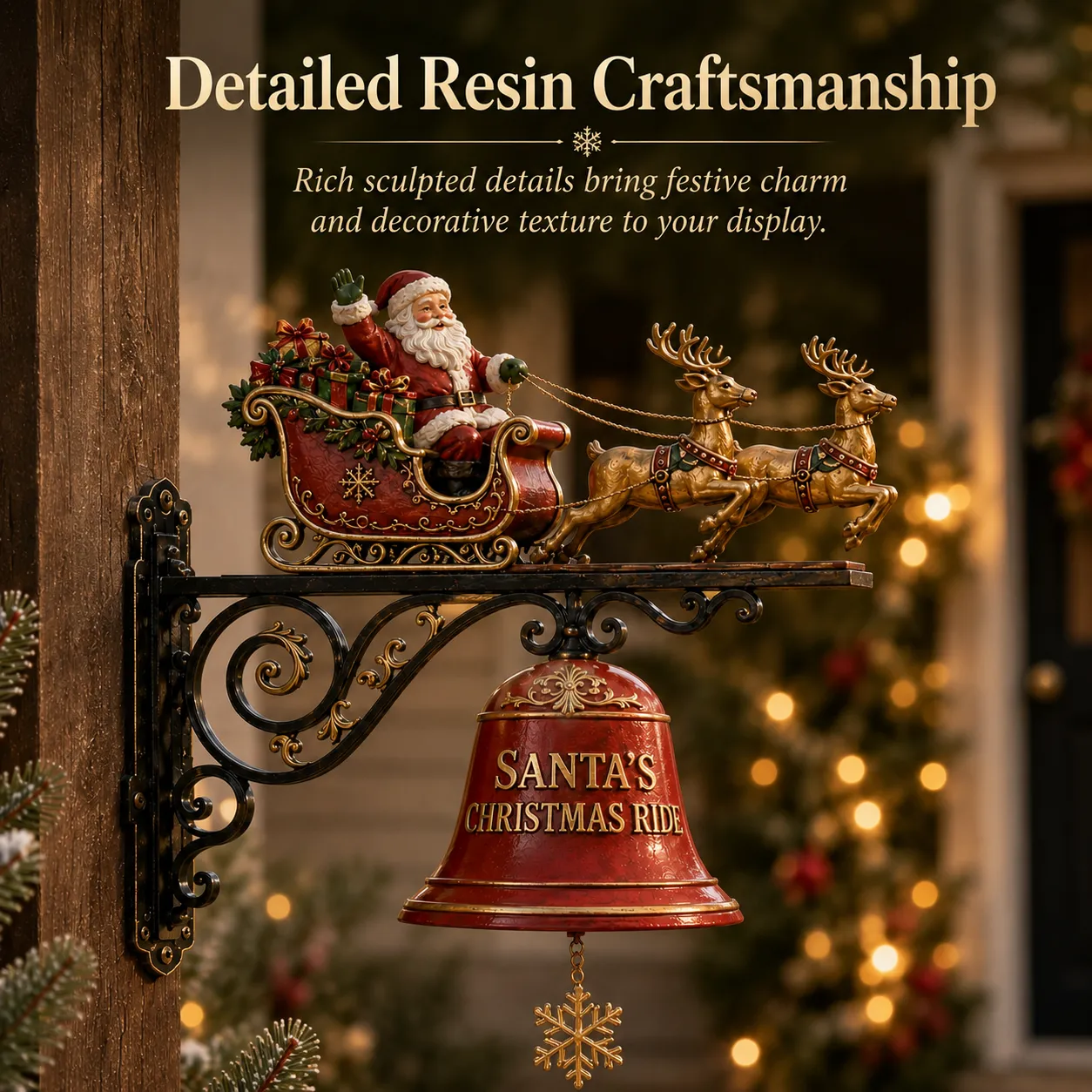 Close-up of ornate scroll bracket red bell and Santa sleigh details
