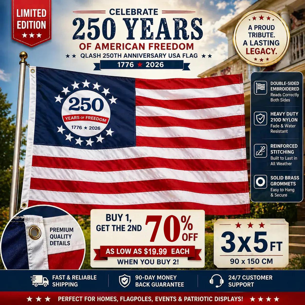 Last Day 49% OFF🔥250th Anniversary USA Commemorative Flag (3x5 Ft),Double-Sided Embroidered