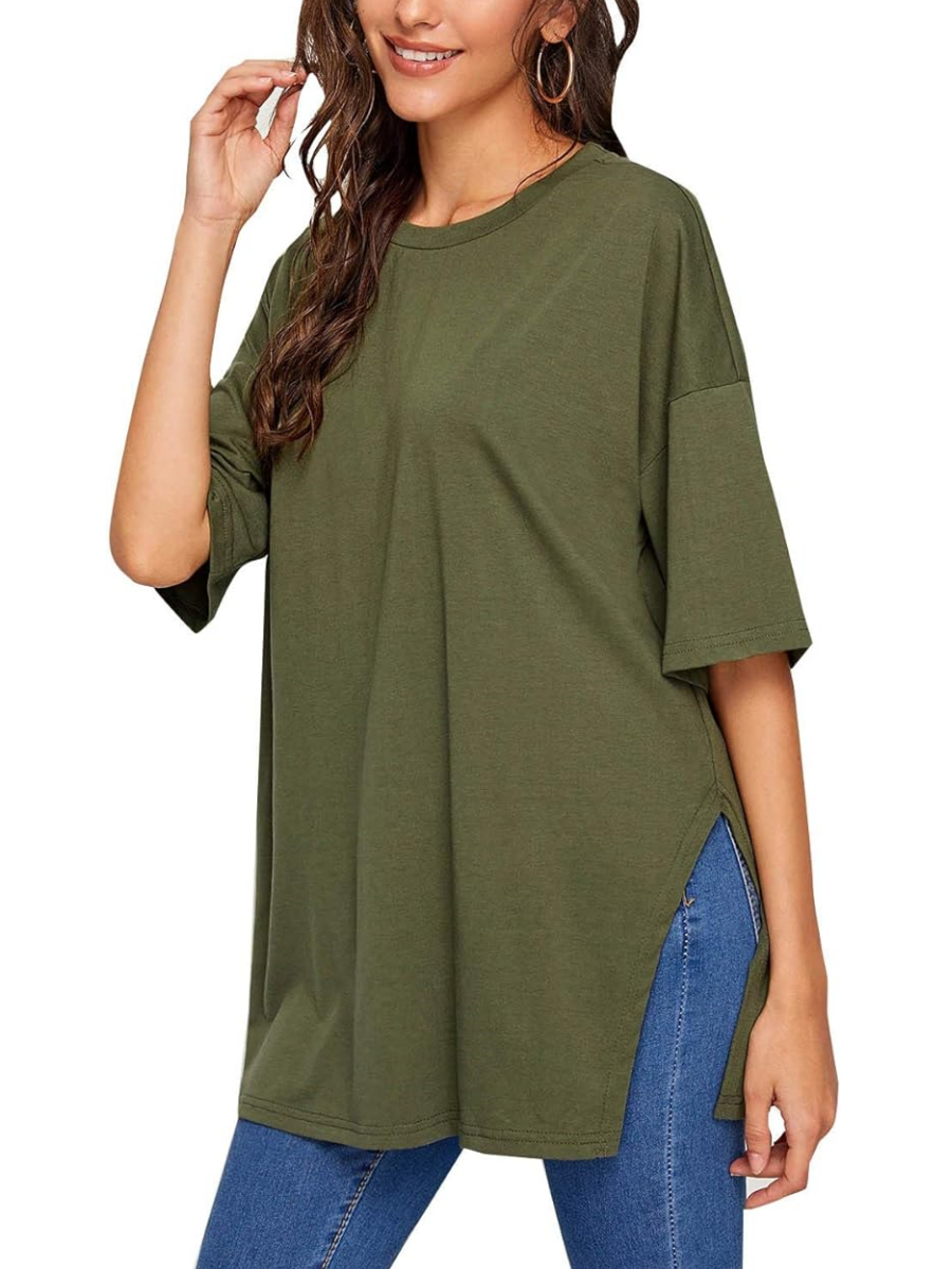 Casual Loose Side Slit Medium Sleeve T-Shirt Tops (Buy 2 Free Shipping)