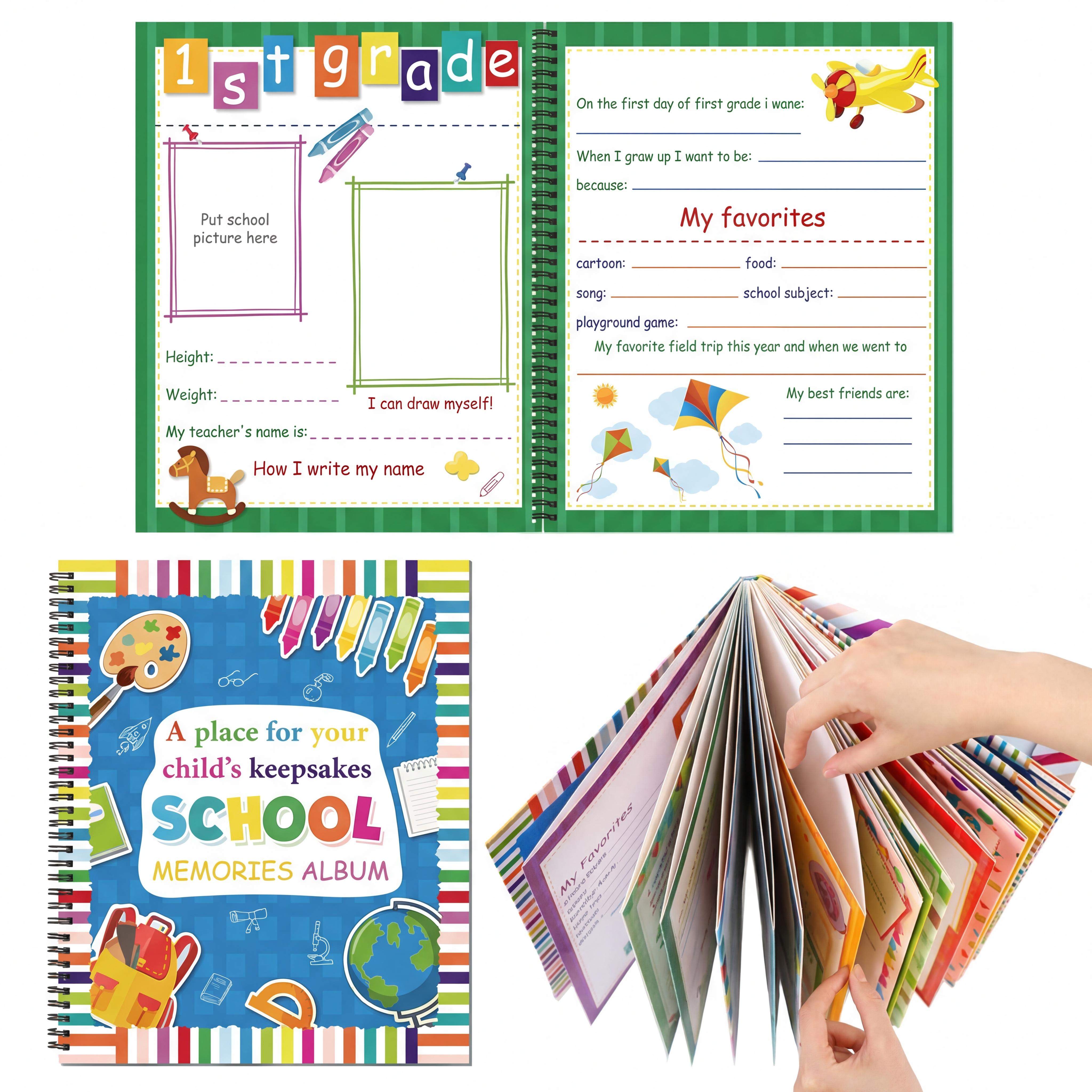 🖍️📄The School Years Memory Book – Keepsake Scrapbook from Preschool to 12th Grade with 14 Storage Pockets