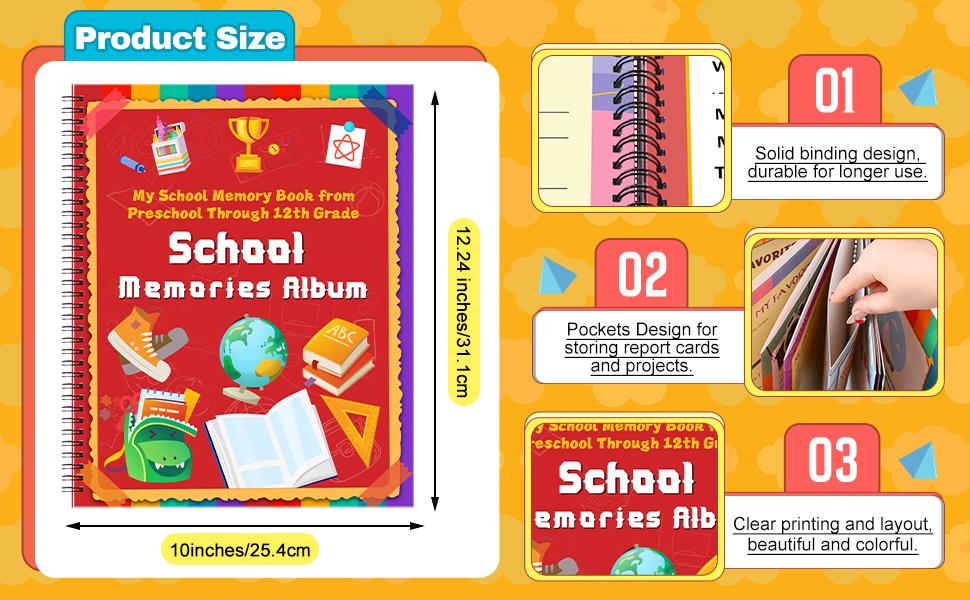 School Memory Book Preschool Back to School Gifts Keepsake for Kids Scrapbook Photo Memories from Preschool Through 12th Grade with 14 Pocket for Storage Portfolio Every Grade Pictures Campus Back to School Season Supplies