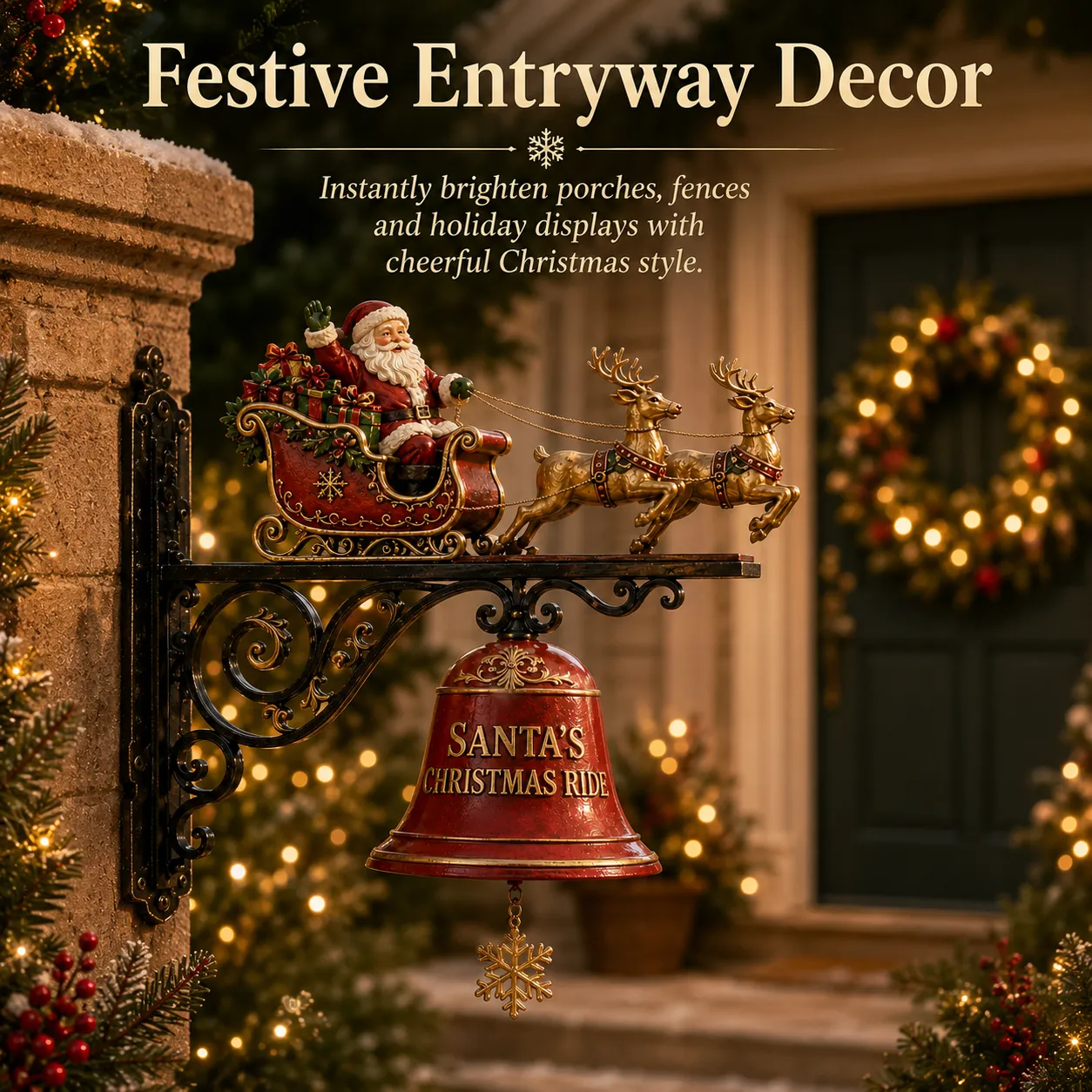Santa sleigh Christmas bell displayed at a festive entryway