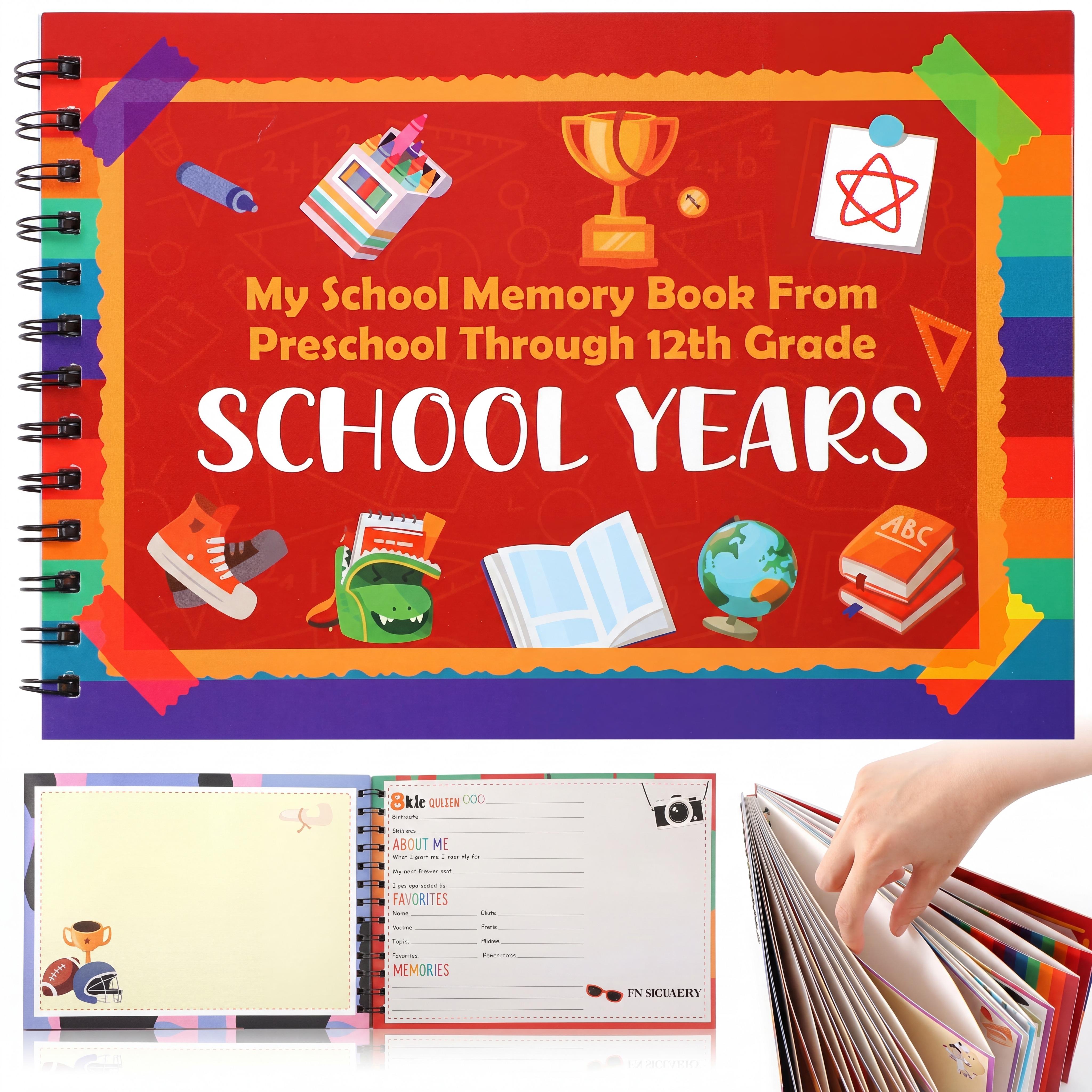 🖍️📄The School Years Memory Book – Keepsake Scrapbook from Preschool to 12th Grade with 14 Storage Pockets