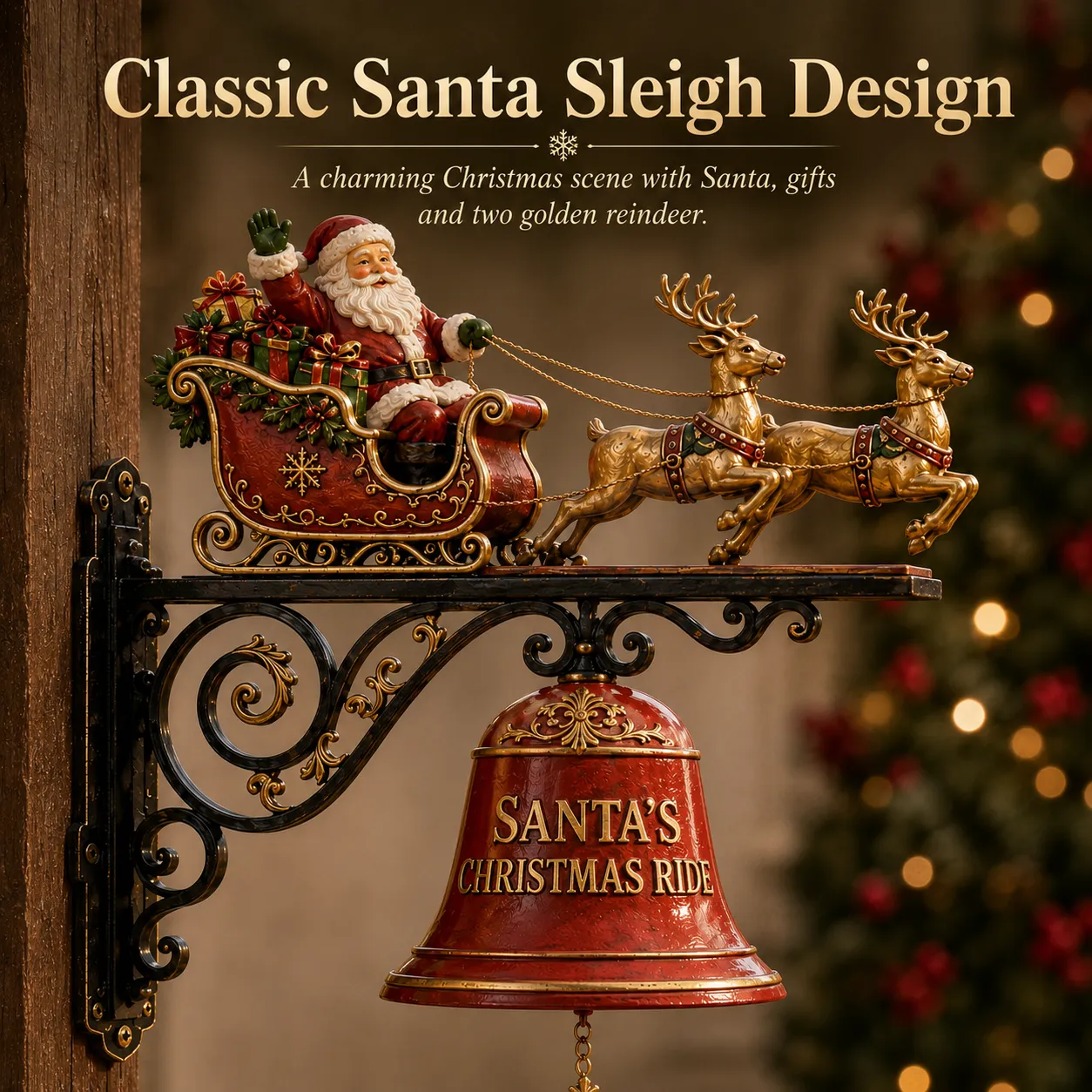 Santa sleigh with reindeer and red Christmas bell displayed on a festive porch