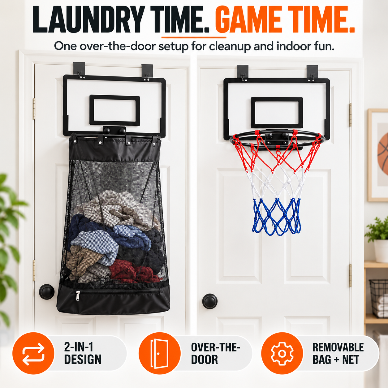 🏀 2-in-1 Door Hanging Laundry Basket with Basketball Hoop – Fun & Functional Storage!