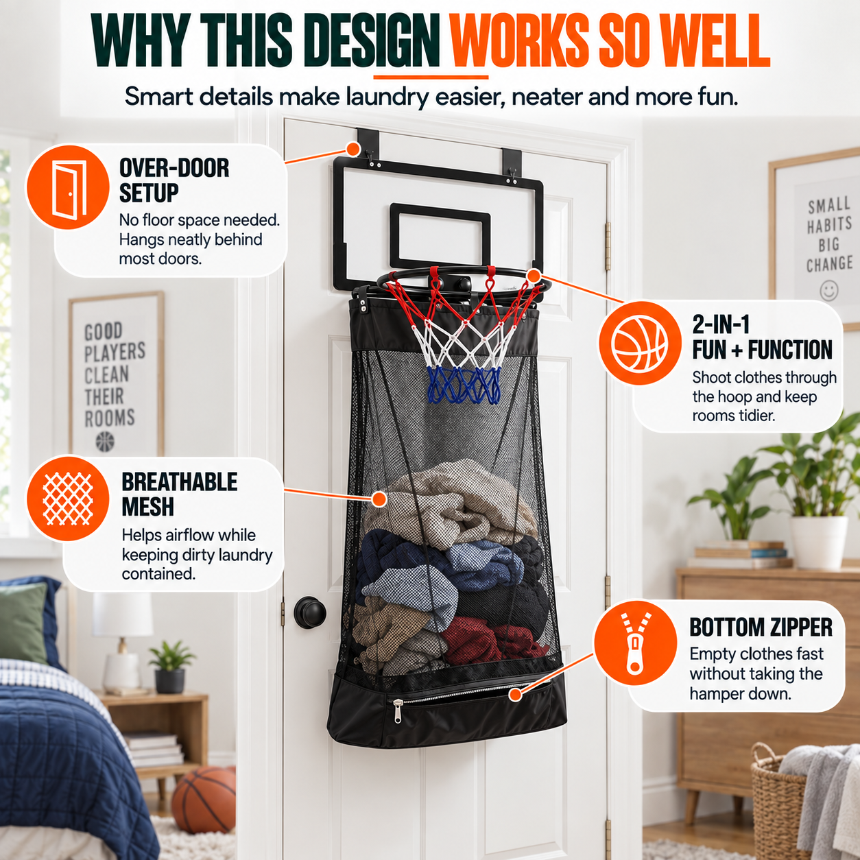 🏀 2-in-1 Door Hanging Laundry Basket with Basketball Hoop – Fun & Functional Storage!