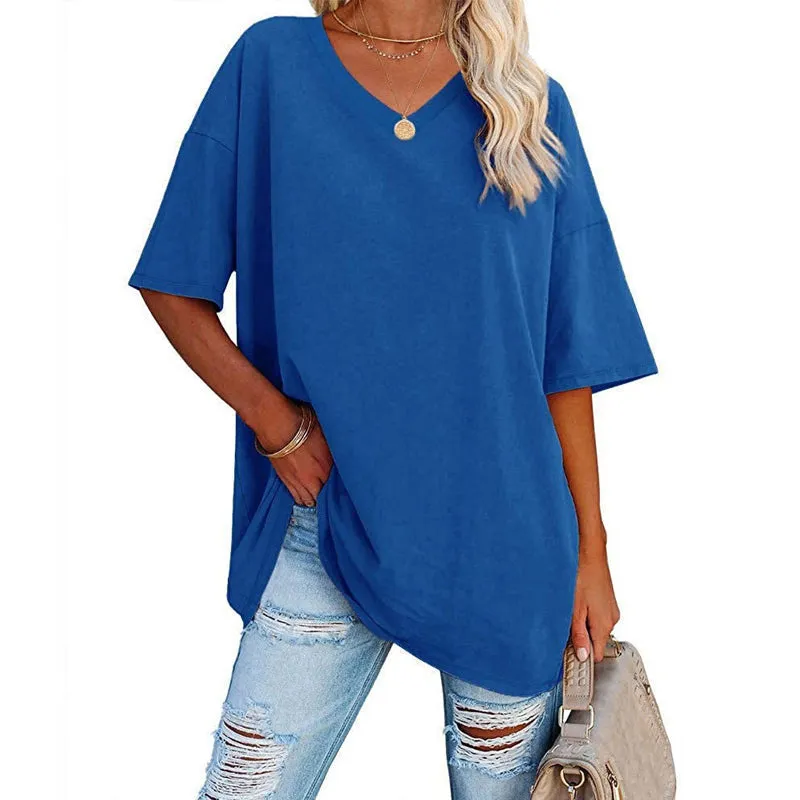 WOMEN'S SOLID COLOUR LOOSE SHORT SLEEVE V-NECK TOP (BUY 3 FREE SHIPPING)