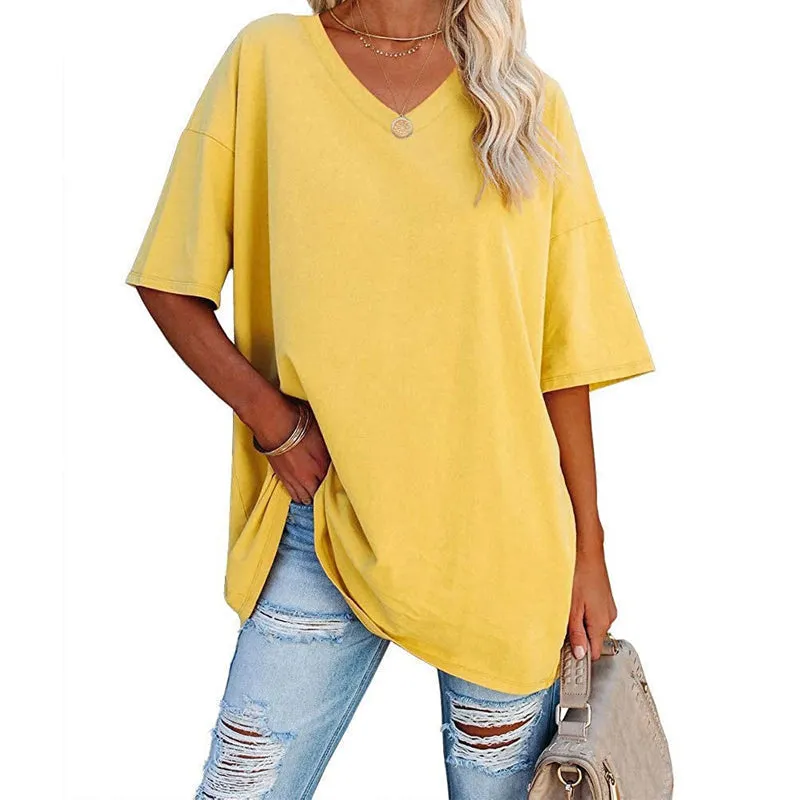 WOMEN'S SOLID COLOUR LOOSE SHORT SLEEVE V-NECK TOP (BUY 3 FREE SHIPPING)
