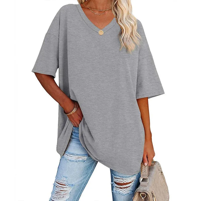 WOMEN'S SOLID COLOUR LOOSE SHORT SLEEVE V-NECK TOP (BUY 3 FREE SHIPPING)