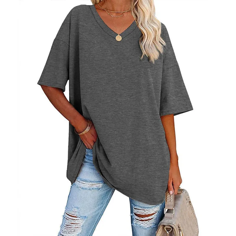 WOMEN'S SOLID COLOUR LOOSE SHORT SLEEVE V-NECK TOP (BUY 3 FREE SHIPPING)