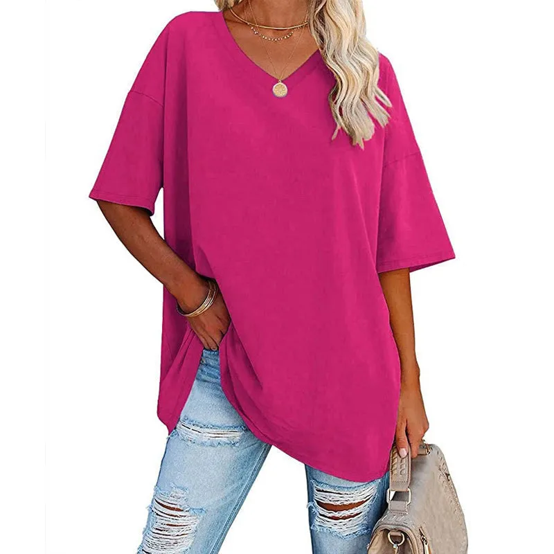 WOMEN'S SOLID COLOUR LOOSE SHORT SLEEVE V-NECK TOP (BUY 3 FREE SHIPPING)