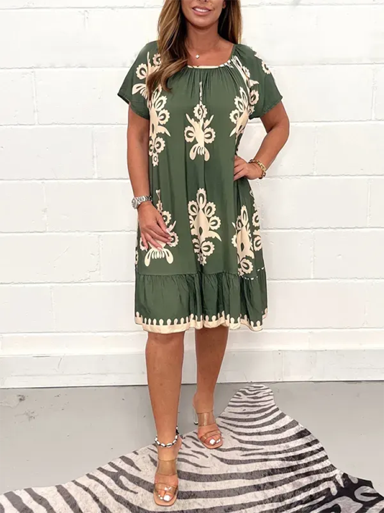 GEOMETRIC PATTERN MULTI PRINT SQUARE NECK DRESS