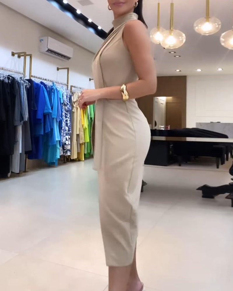 HIGH COLLAR SOLID COLOR SLEEVELESS SLIT DRESS