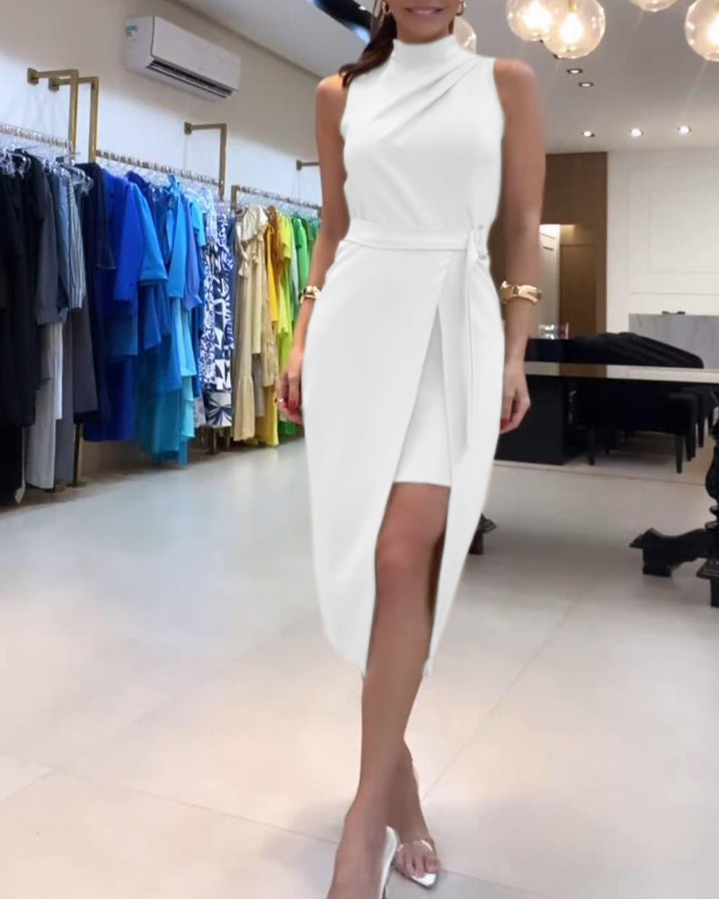 HIGH COLLAR SOLID COLOR SLEEVELESS SLIT DRESS