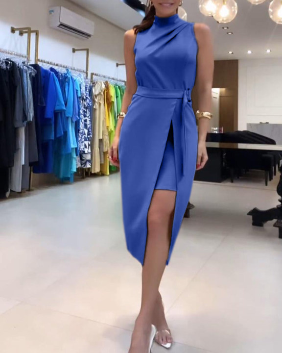 HIGH COLLAR SOLID COLOR SLEEVELESS SLIT DRESS