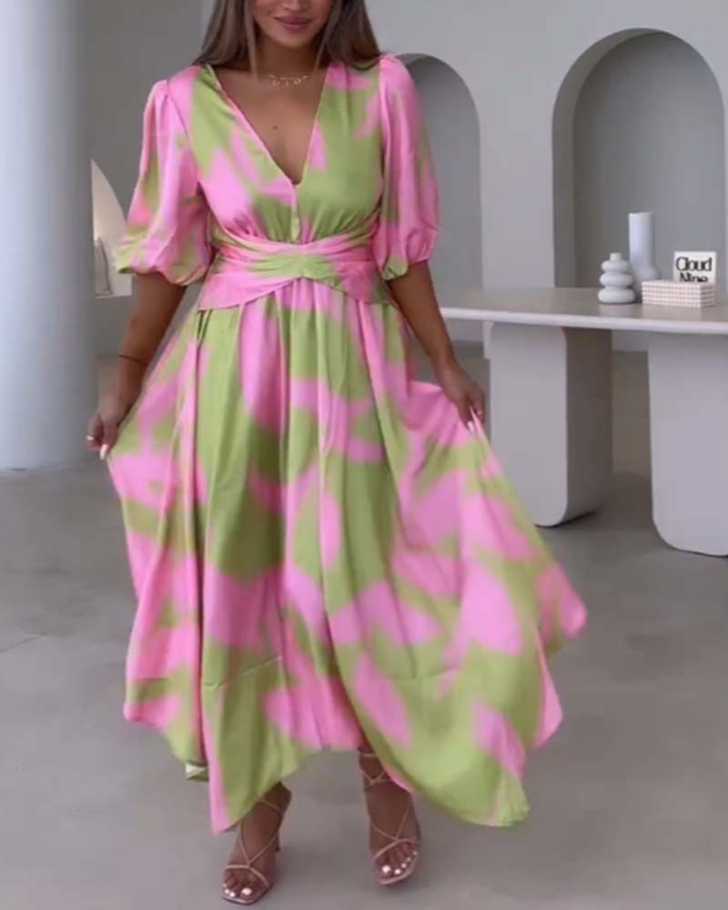 DEEP V HALF-SLEEVE PRINTED ELEGANT DRESS