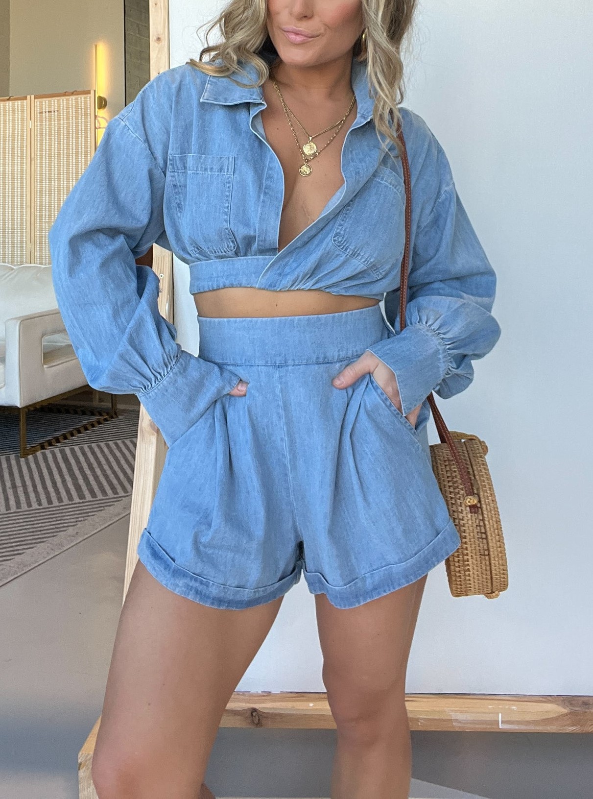 LONG SLEEVES CROP SHIRT AND SHORTS DENIM SET (BUY 2 FREE SHIPPING)
