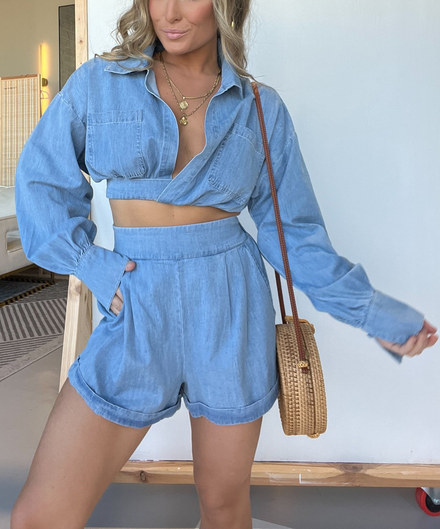 LONG SLEEVES CROP SHIRT AND SHORTS DENIM SET (BUY 2 FREE SHIPPING)