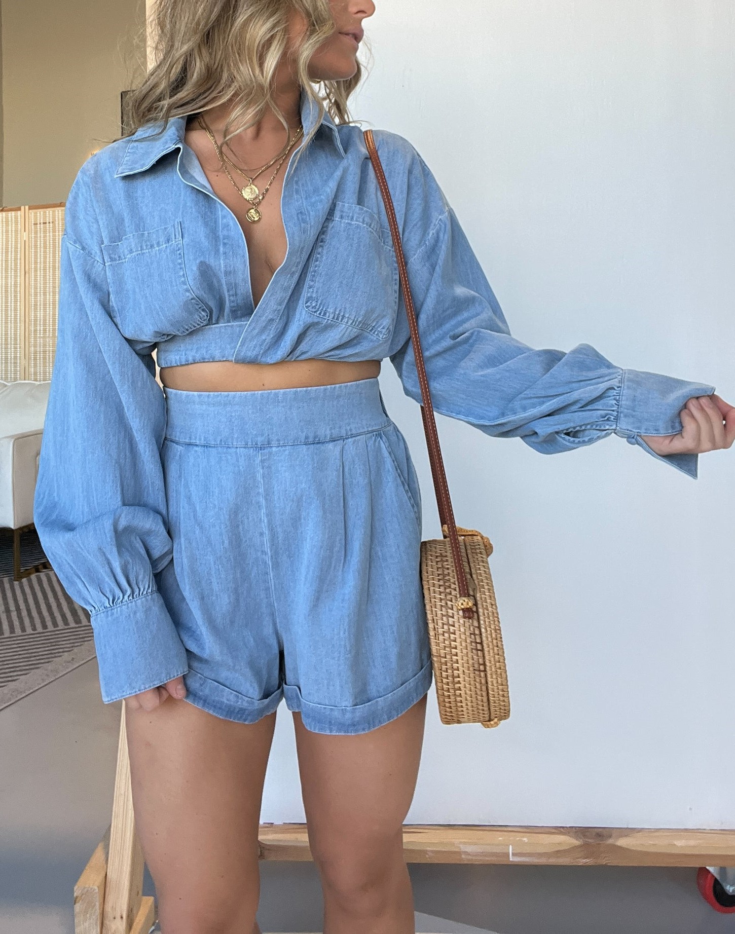 LONG SLEEVES CROP SHIRT AND SHORTS DENIM SET (BUY 2 FREE SHIPPING)