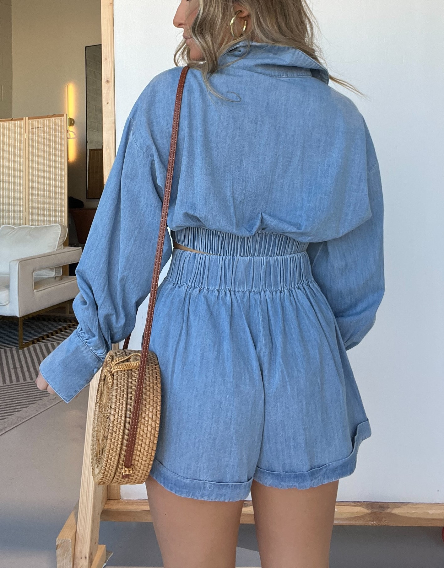 LONG SLEEVES CROP SHIRT AND SHORTS DENIM SET (BUY 2 FREE SHIPPING)