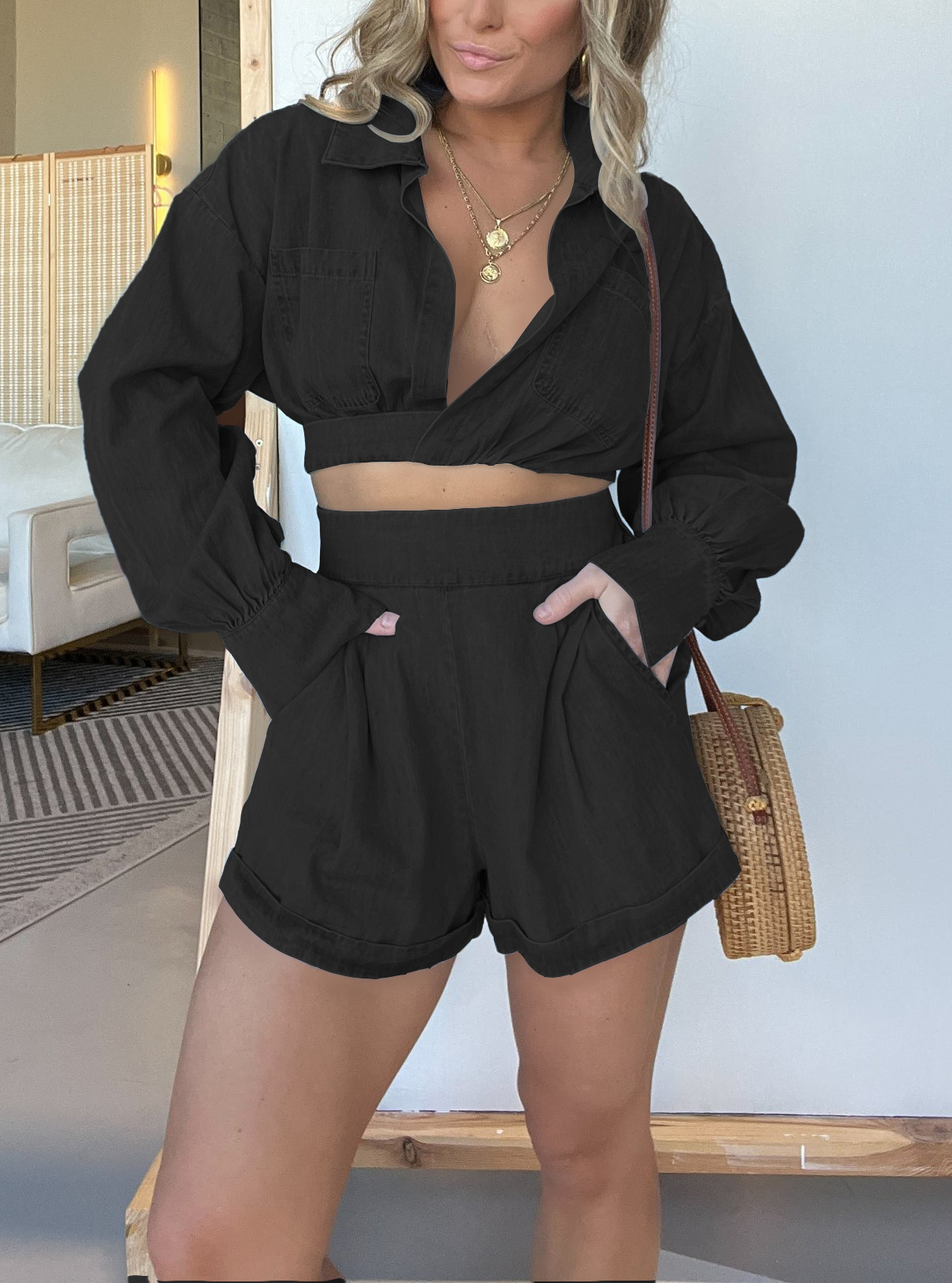 LONG SLEEVES CROP SHIRT AND SHORTS DENIM SET (BUY 2 FREE SHIPPING)