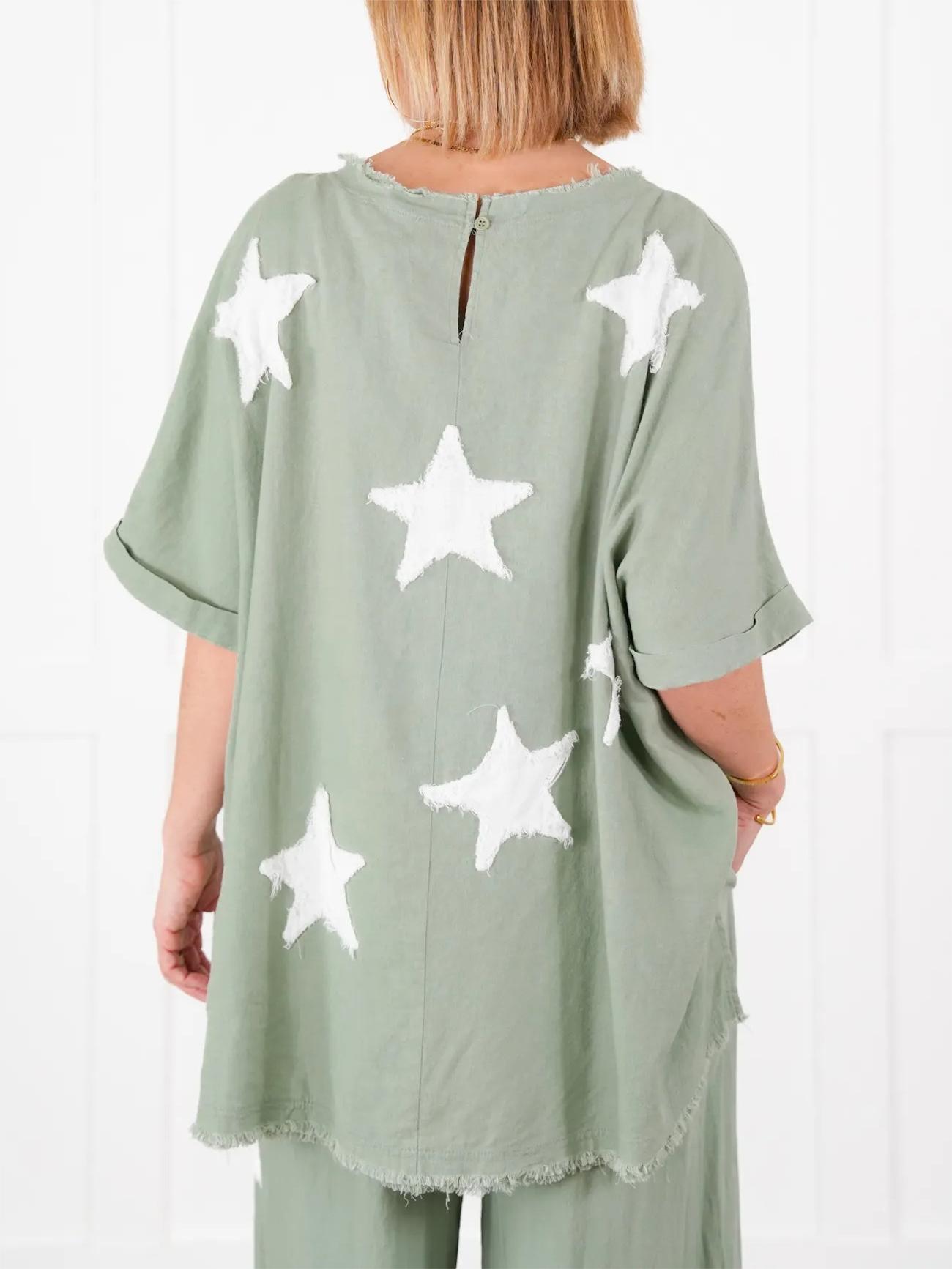 ☘️WOMEN'S SHORT SLEEVE TOP AND WIDE LEG PANT SET WITH STAR PATCH DETAIL(BUY 2 FREE SHIPPING)