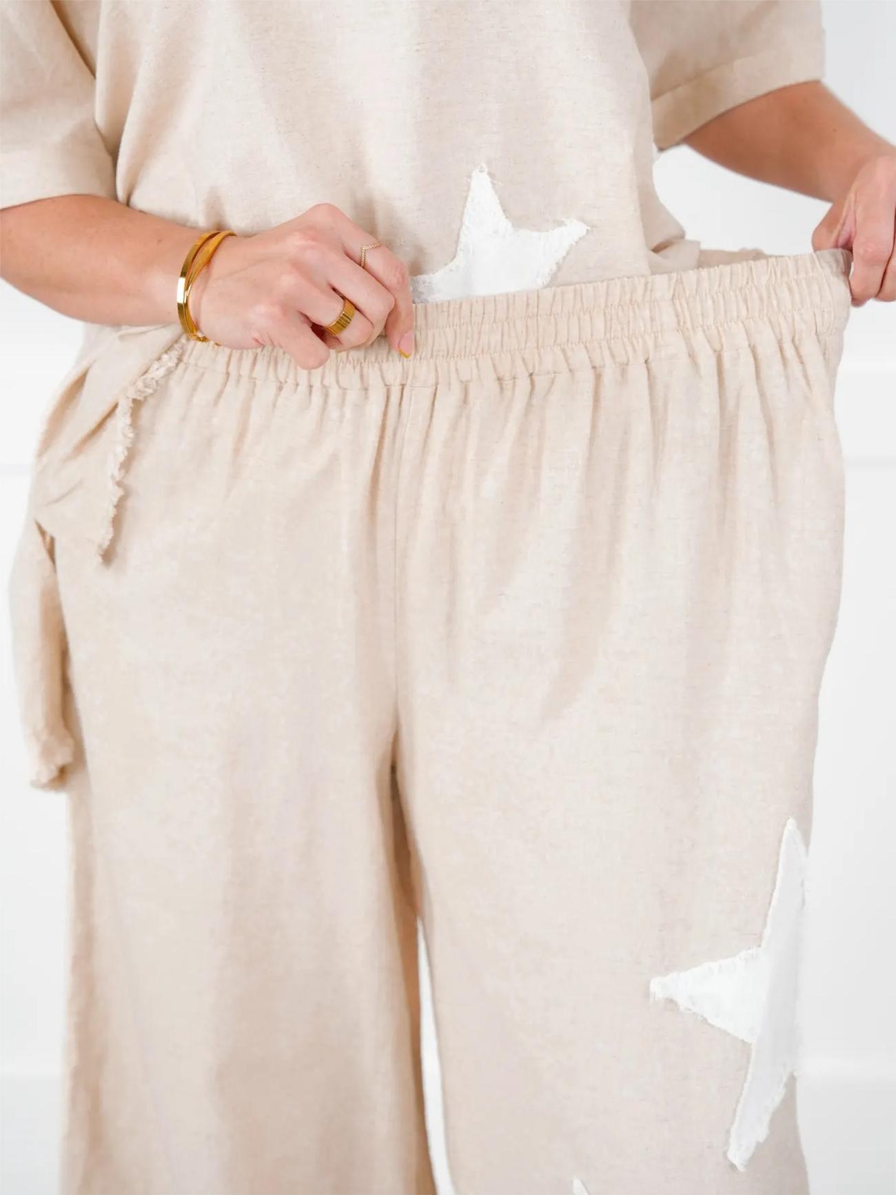 ☘️WOMEN'S SHORT SLEEVE TOP AND WIDE LEG PANT SET WITH STAR PATCH DETAIL(BUY 2 FREE SHIPPING)