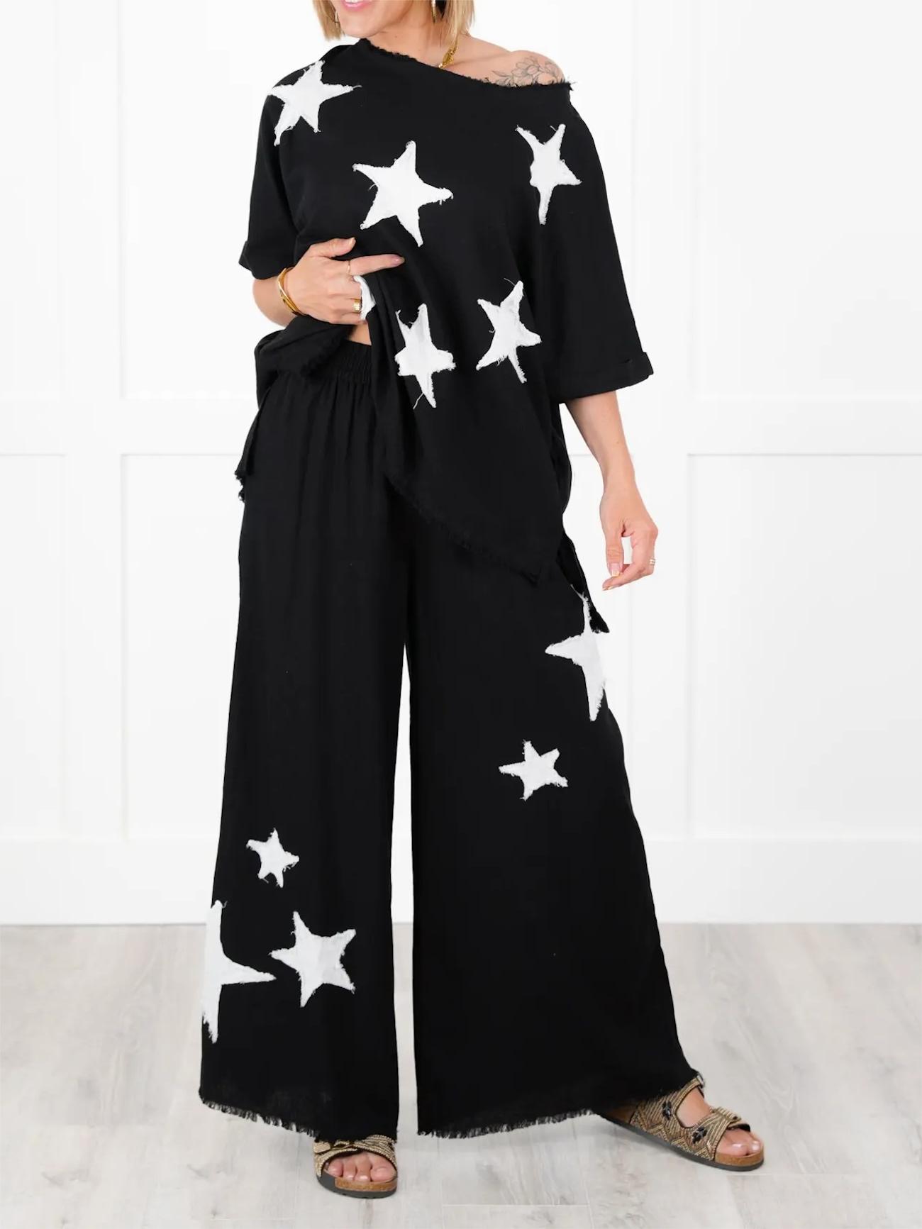 ☘️WOMEN'S SHORT SLEEVE TOP AND WIDE LEG PANT SET WITH STAR PATCH DETAIL(BUY 2 FREE SHIPPING)