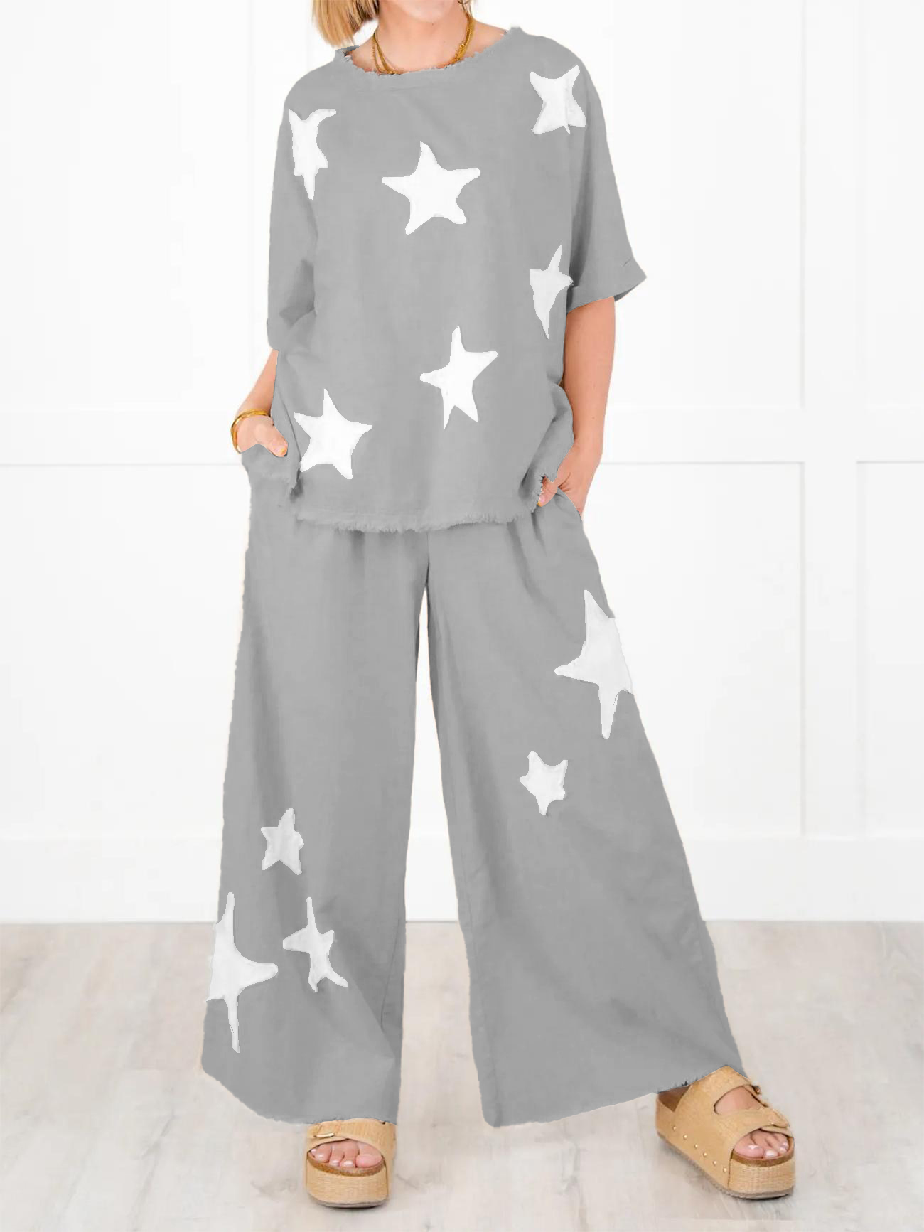 ☘️WOMEN'S SHORT SLEEVE TOP AND WIDE LEG PANT SET WITH STAR PATCH DETAIL(BUY 2 FREE SHIPPING)