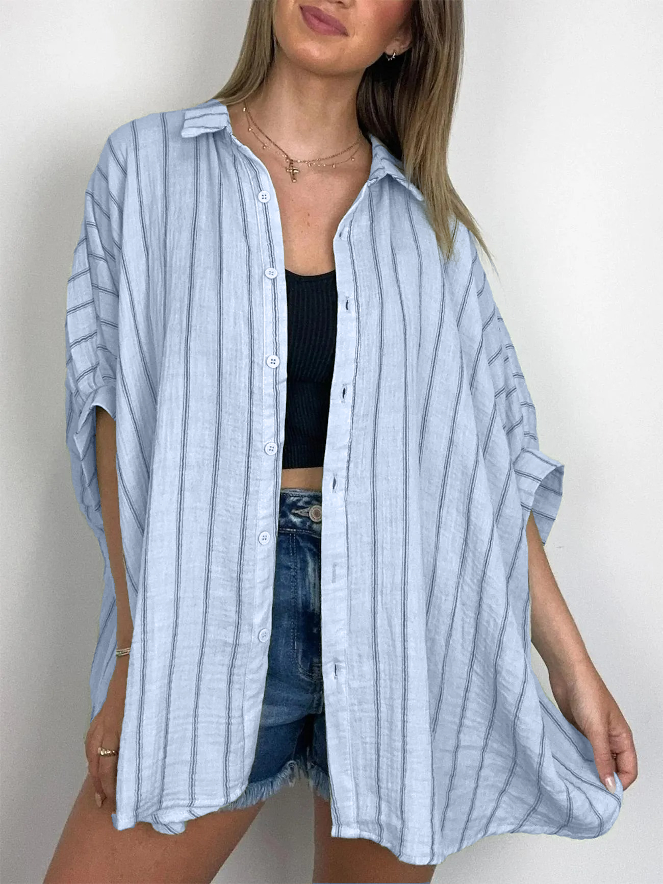 Women's Oversized Striped Button Down Top