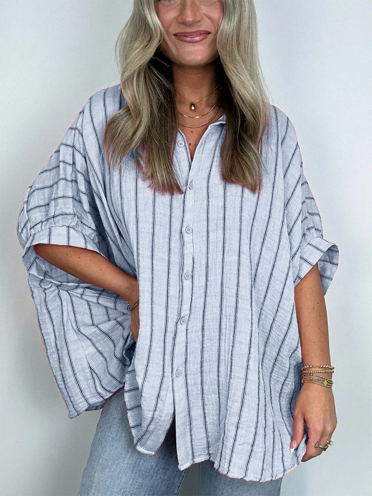 Women's Oversized Striped Button Down Top