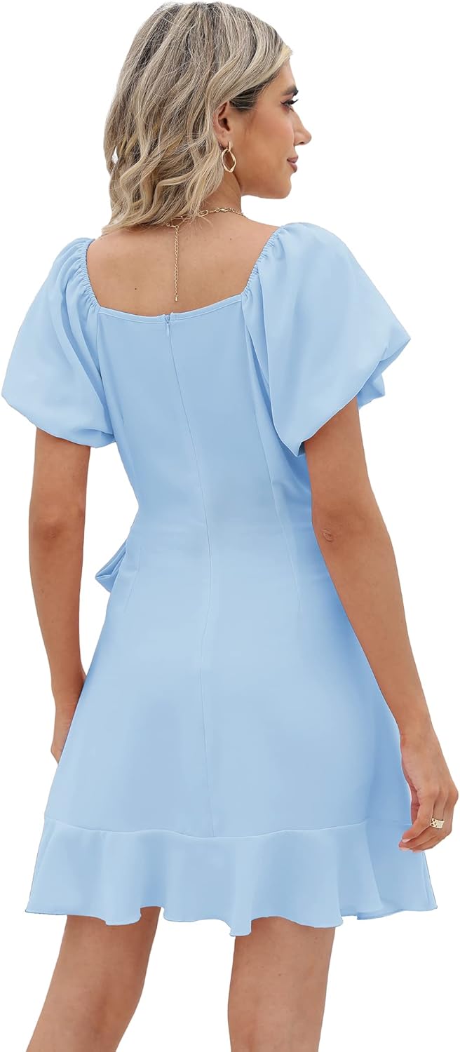 👗2024 Summer Women's Puff Sleeve Square Neck Tie Waist Short Dresses