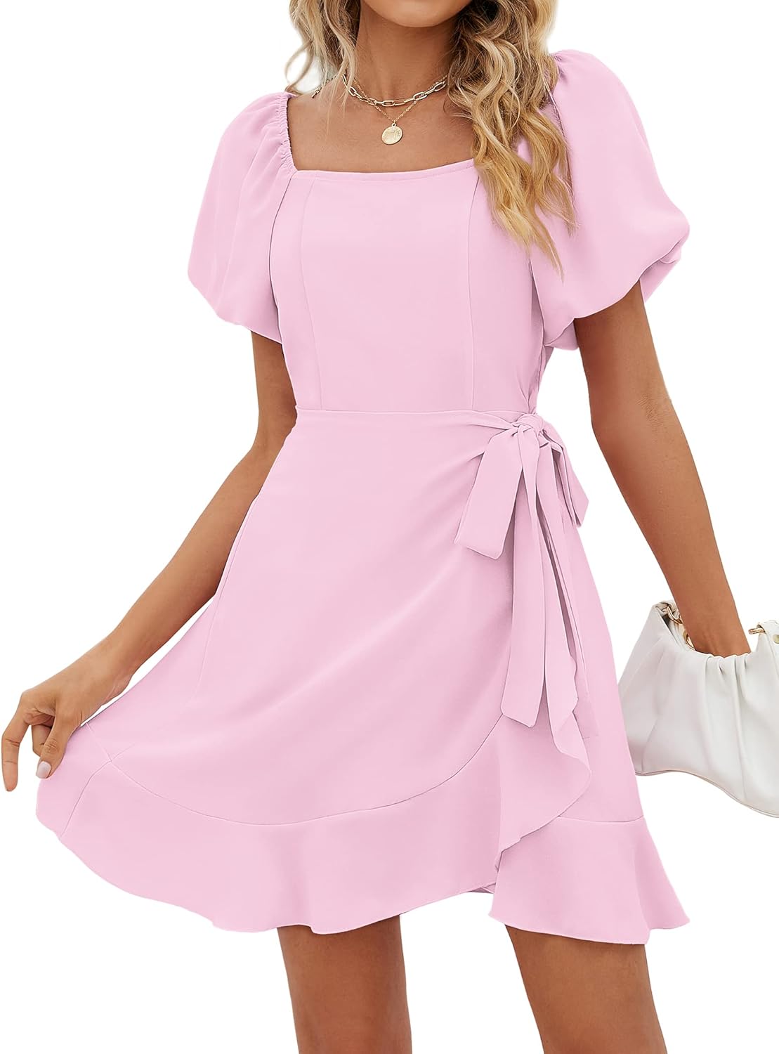 👗2024 Summer Women's Puff Sleeve Square Neck Tie Waist Short Dresses