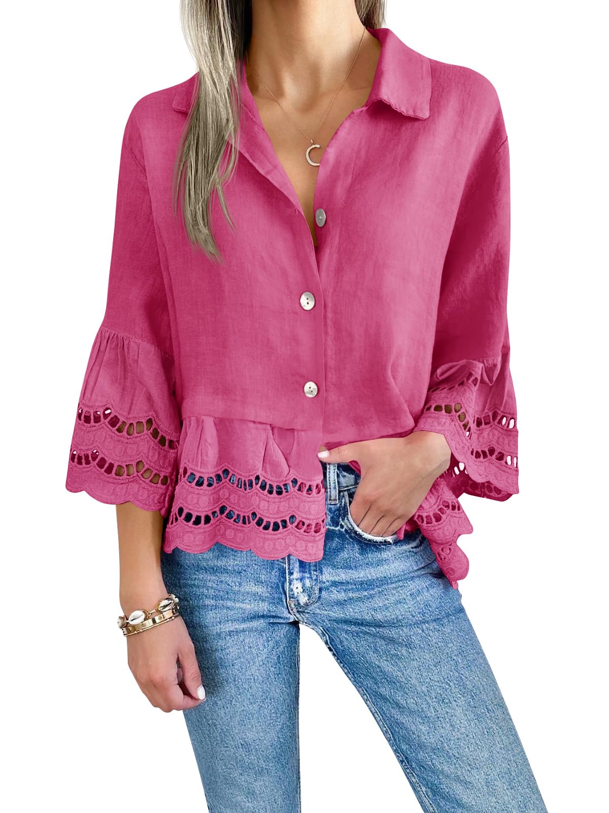 2024 New Chic Ruffle Hem Blouse with Hollow Out Design(Buy 2 10% OFF!!!）