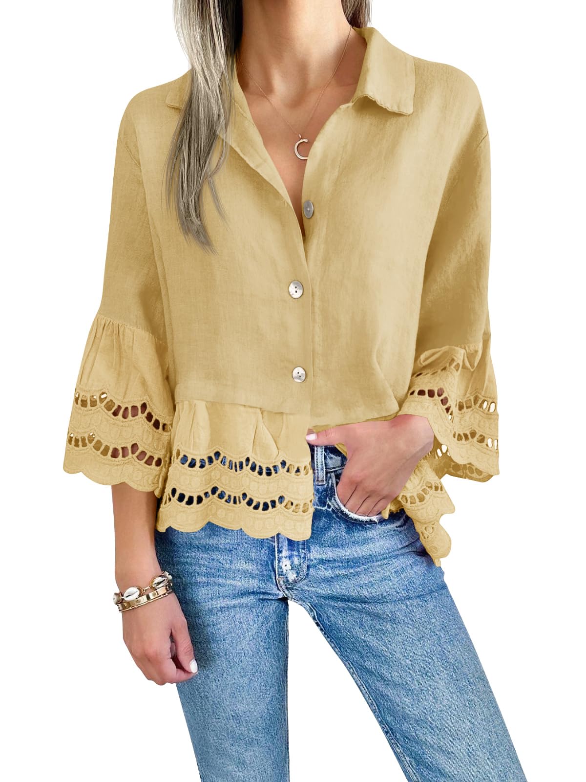 2024 New Chic Ruffle Hem Blouse with Hollow Out Design(Buy 2 10% OFF!!!）