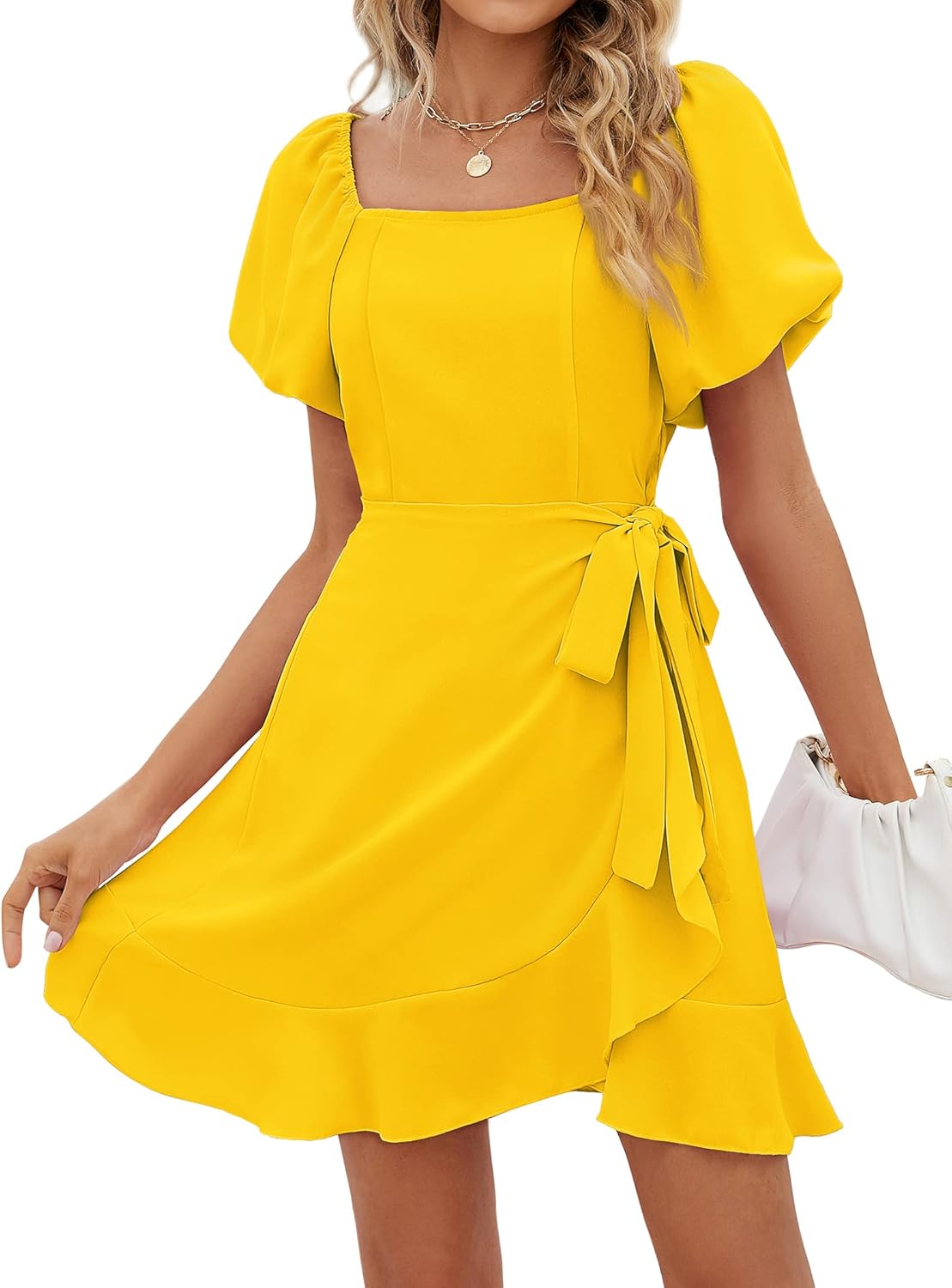 👗2024 Summer Women's Puff Sleeve Square Neck Tie Waist Short Dresses
