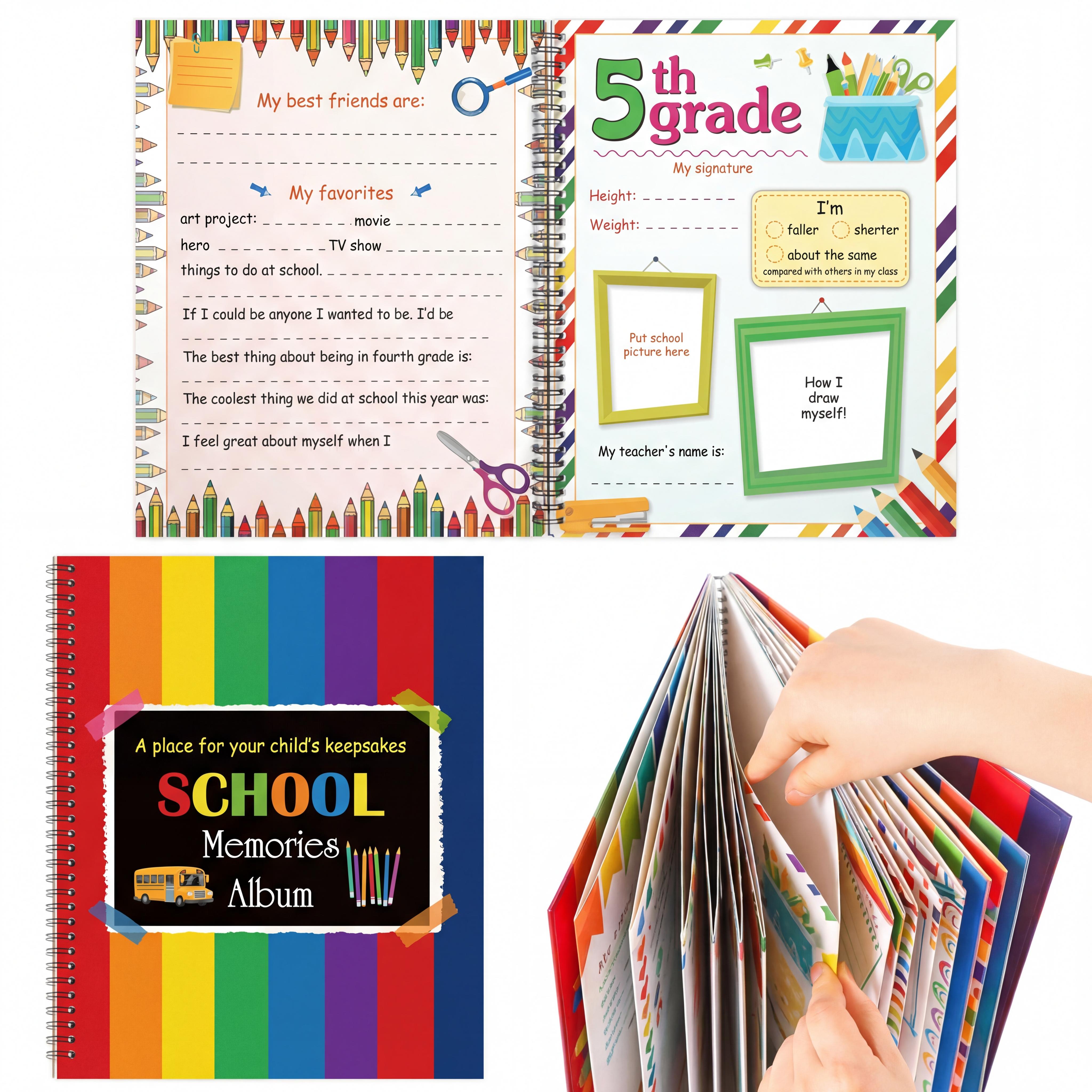 🖍️📄The School Years Memory Book – Keepsake Scrapbook from Preschool to 12th Grade with 14 Storage Pockets