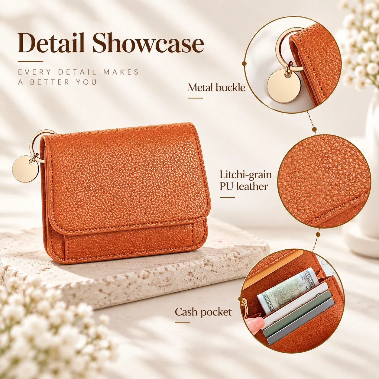 Close-up of litchi-grain PU leather texture with gold-tone metal hardware