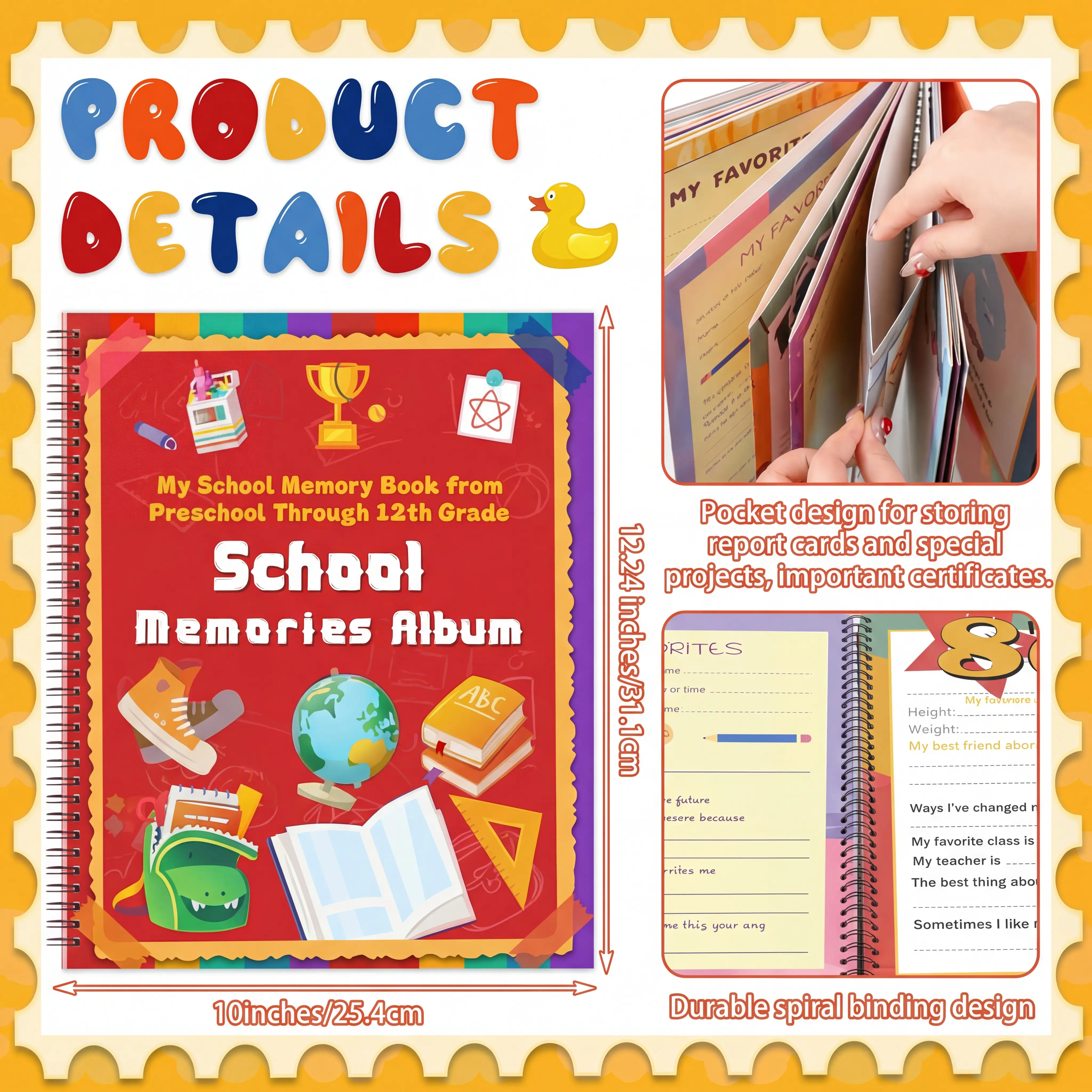 🖍️📄The School Years Memory Book – Keepsake Scrapbook from Preschool to 12th Grade with 14 Storage Pockets