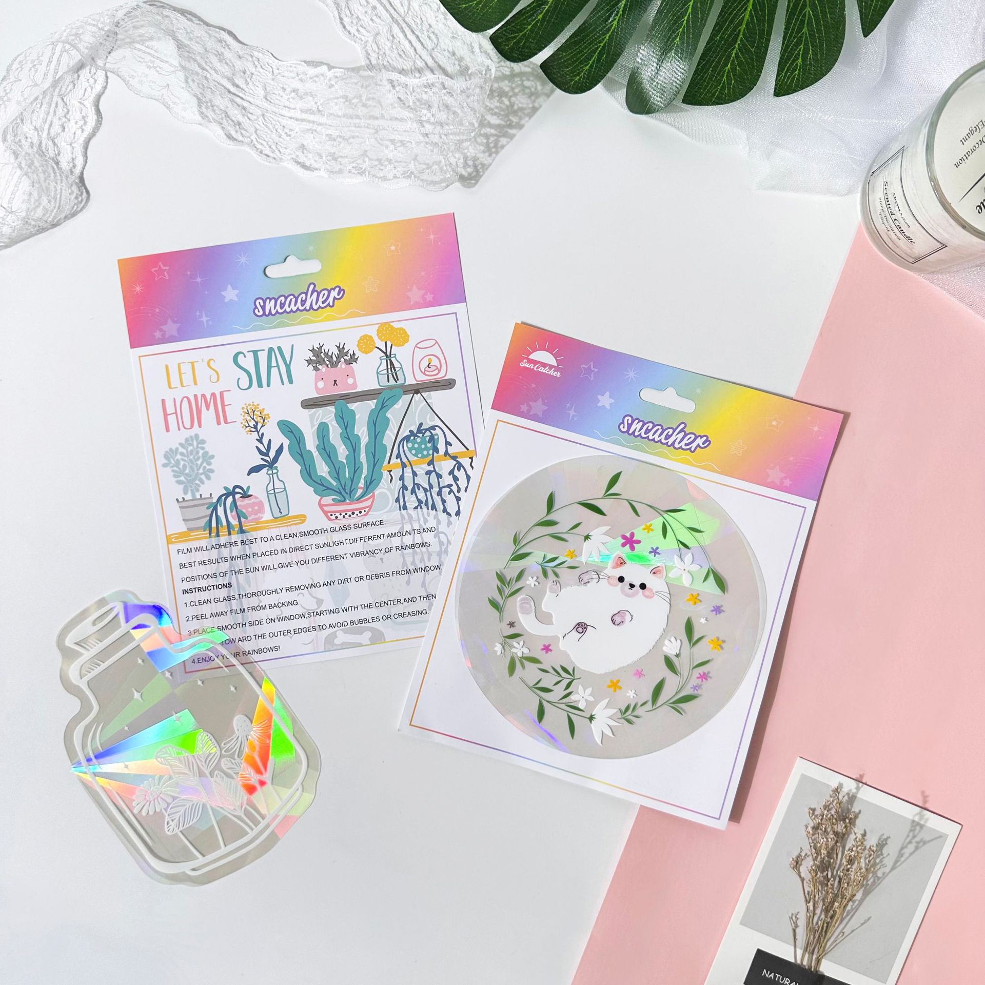 Adsorption rainbow glass window stickers🌈rainbow🌸flowers🐰cute animals🦋butterflies